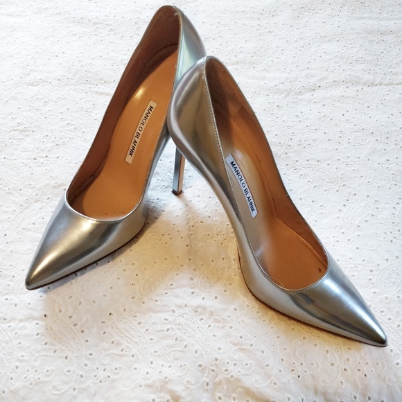 Manolo Blahnik Shoes - Matte silver Manolo Blahnik point toe pump heels.